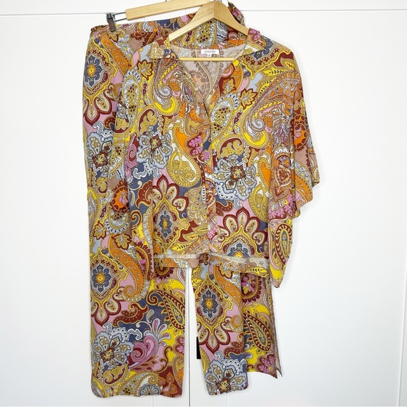 JOHNNY WAS Brooklyn Paisley Silk Set XL yellow purple pajama pants short sleeve - Picture 4 of 16